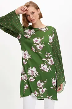 

DeFacto Autumn Woman Long O-neck Chiffon Tops Ladies Casual Print Loose Shirts Female Flare Sleeves New- J4246AZ18HS