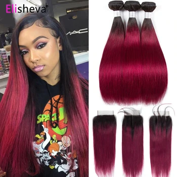 

Honey Brown Straight 1b/burgandy Ombre Hair Bundles With Closure 4x4 Peruvian Remy Human Hair Bundles with Pre Plucked Closure