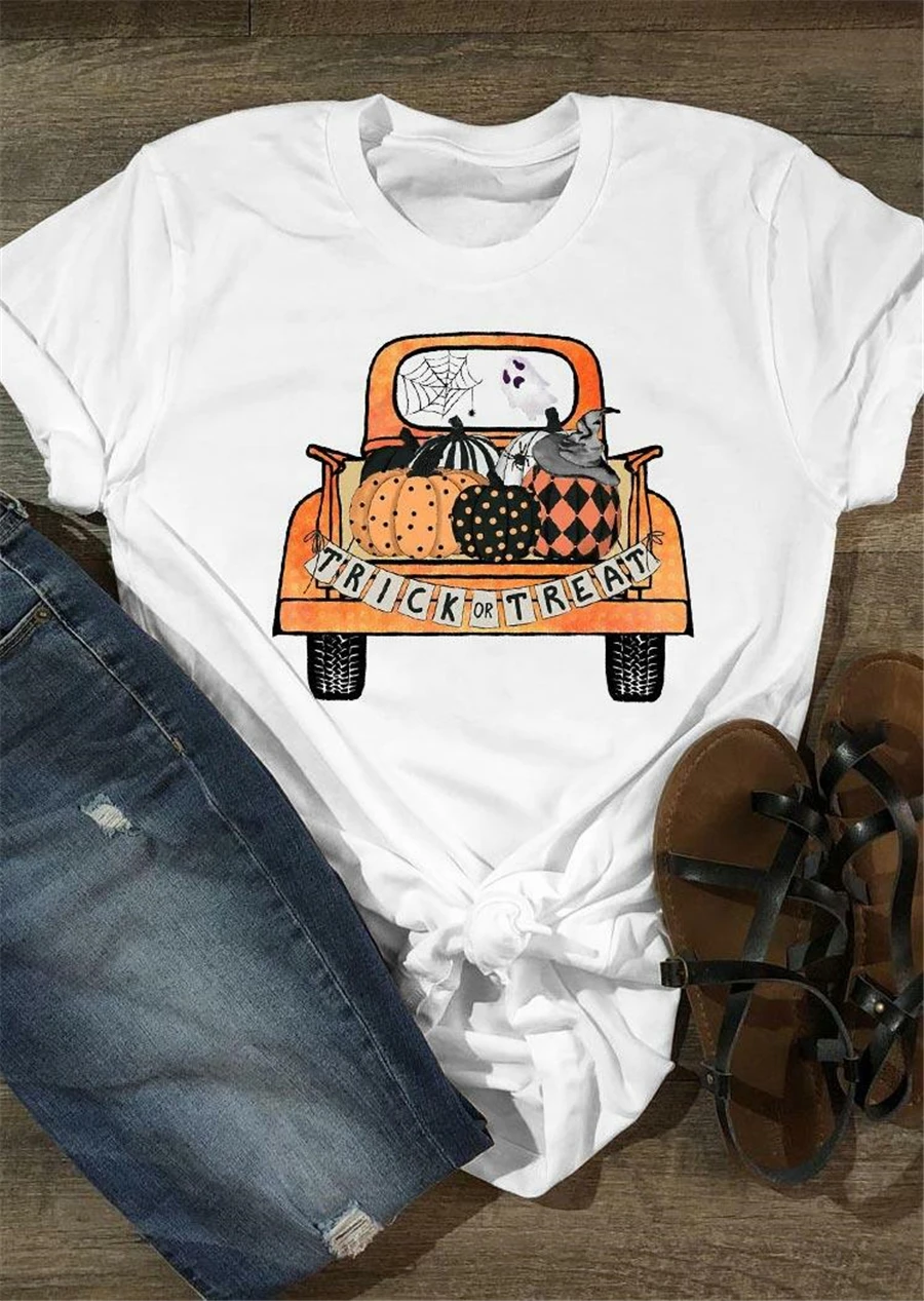 Pumpkin Print Short Sleeve Top Women White T-shirt 2020 New Halloween Tops Tee Women Clothes Female Festival Top Casual Tee