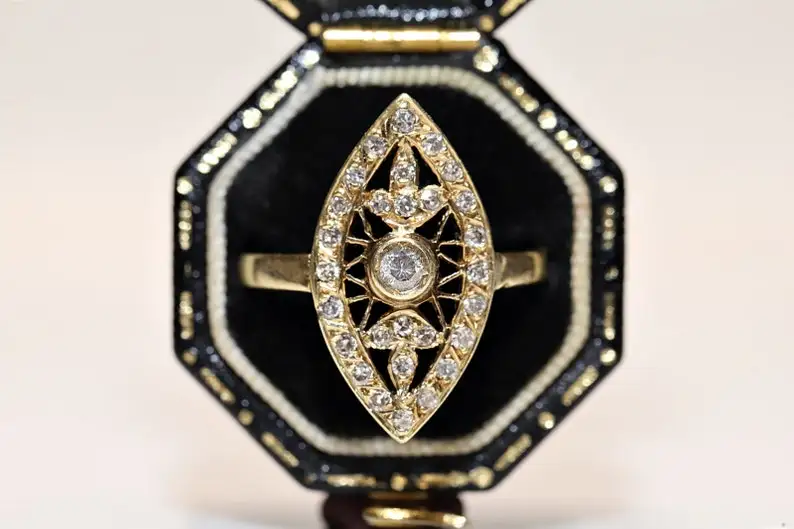 

Perfect Vintage Art Deco Style 14k Gold Natural Diamond Decorated Navette Style Ring