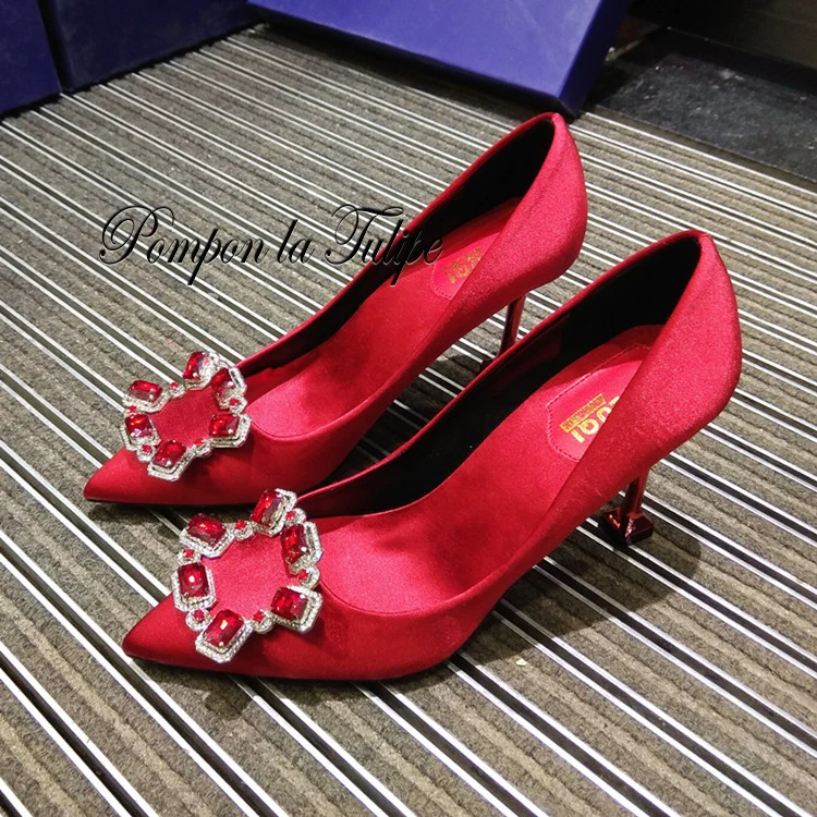 

MNK 930029 Silk Jewel Gem Rhinestone Pointed Toe Strange Style Heel Elegant Pumps 9CM Stilettos Fancy Party Wedding Women Shoes