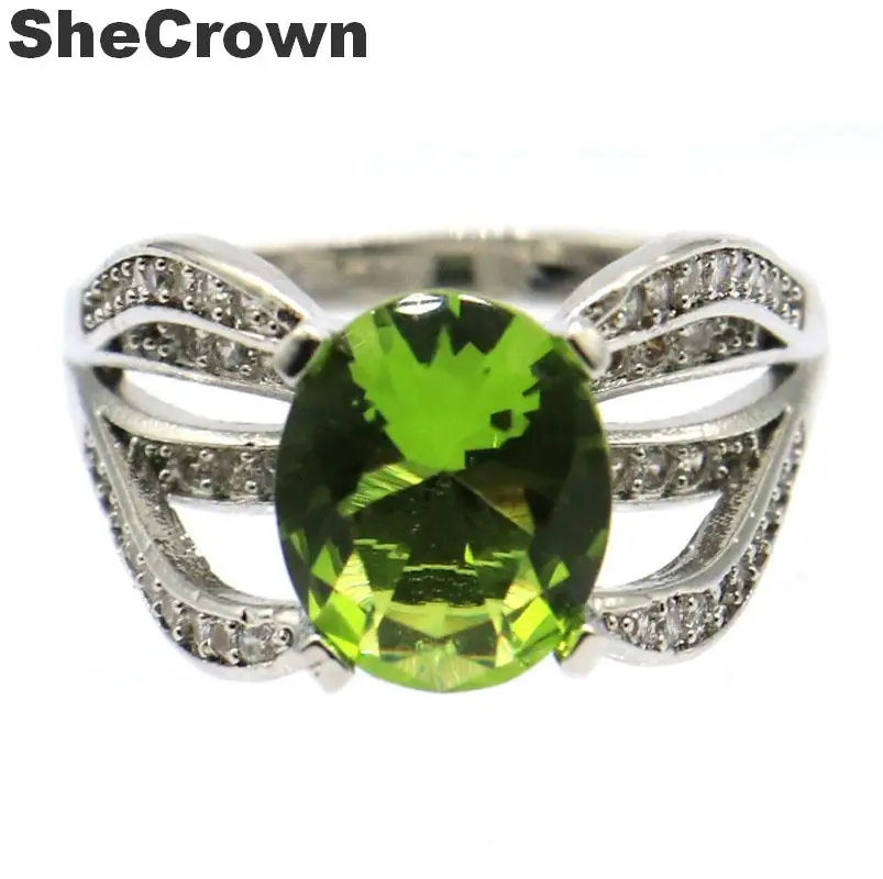 

20x12mm 2019 New Arrival Created Green Peridot White CZ Wedding Woman's Silver Rings