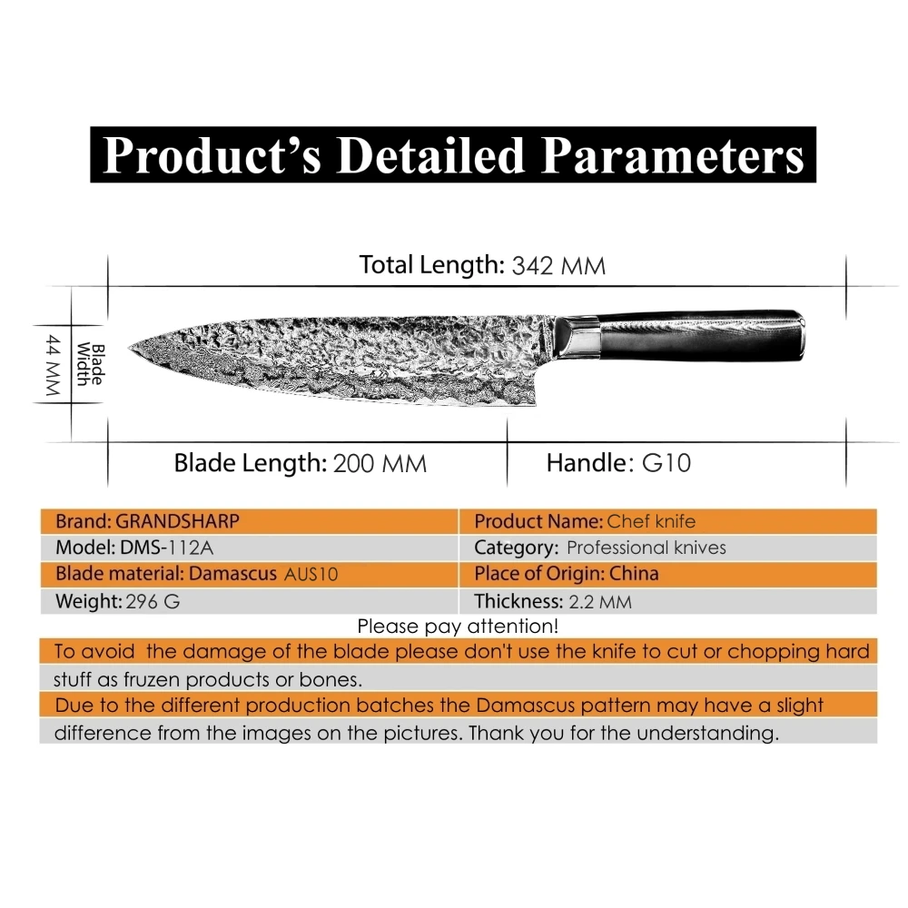 Дамасский кухонный нож 67 слоев AUS10 японский Дамасская сталь 8 дюймов нож шеф-повара G10 ручка лучшие кухонные инструменты черный молоток