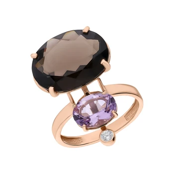 

Gold ring with amethyst, cubic zirconia and quartz smoky sunlight sample 585