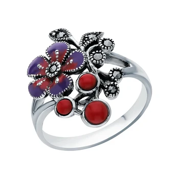 

Silver ring with marcasites, enamel and coral pressed sunlight sample 925
