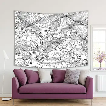

Tapestry Fish in Sea Waves Doodle Style Black and White Doodle Style Artwork Printed