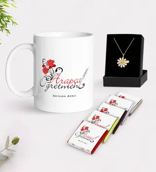

Personalized Arabic Teacher White Mug Chocolate and Is Daisy Necklace Gift Seti-1