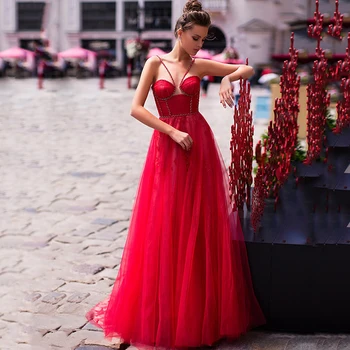 

Eightree Spaghetti Straps Red Prom Dresses Lace Tulle Evening Party Dress Sleeveless Long Arbric Formal Dresses Robe de Soiree