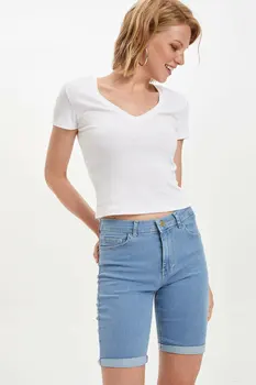 

DeFacto New Fashion Women Blue High Waist Slim Short Female Casual Simple Short Simple Solid Button Bottoms - I7913AZ19SM
