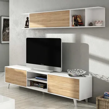 

Living room Dining module TV + Shelf, White Color Brightness and Oak Canadian Measures: 180x54x41 cm Bottom