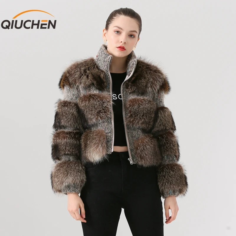 QIUCHEN PJ19050 2019 Новое поступление натуральный мех енота женская зимняя куртка модная