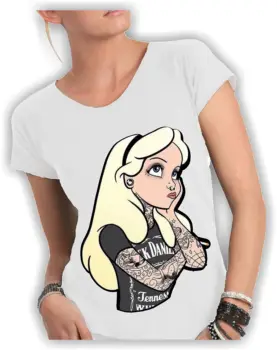 

T Shirt Woman Cotton Flamed With Wide Neckline and Cutting Vivo neckline and sleeves-ALICE IN WONDERLAND PUNK MADE IN ITALY