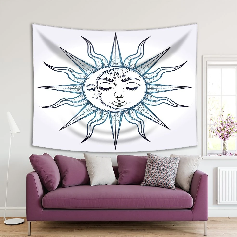 タペストリー太陽と月の顔と神秘的な自然の占星術ボヘミアンスタイルのイラストダークブルーホワイト タペストリー Aliexpress