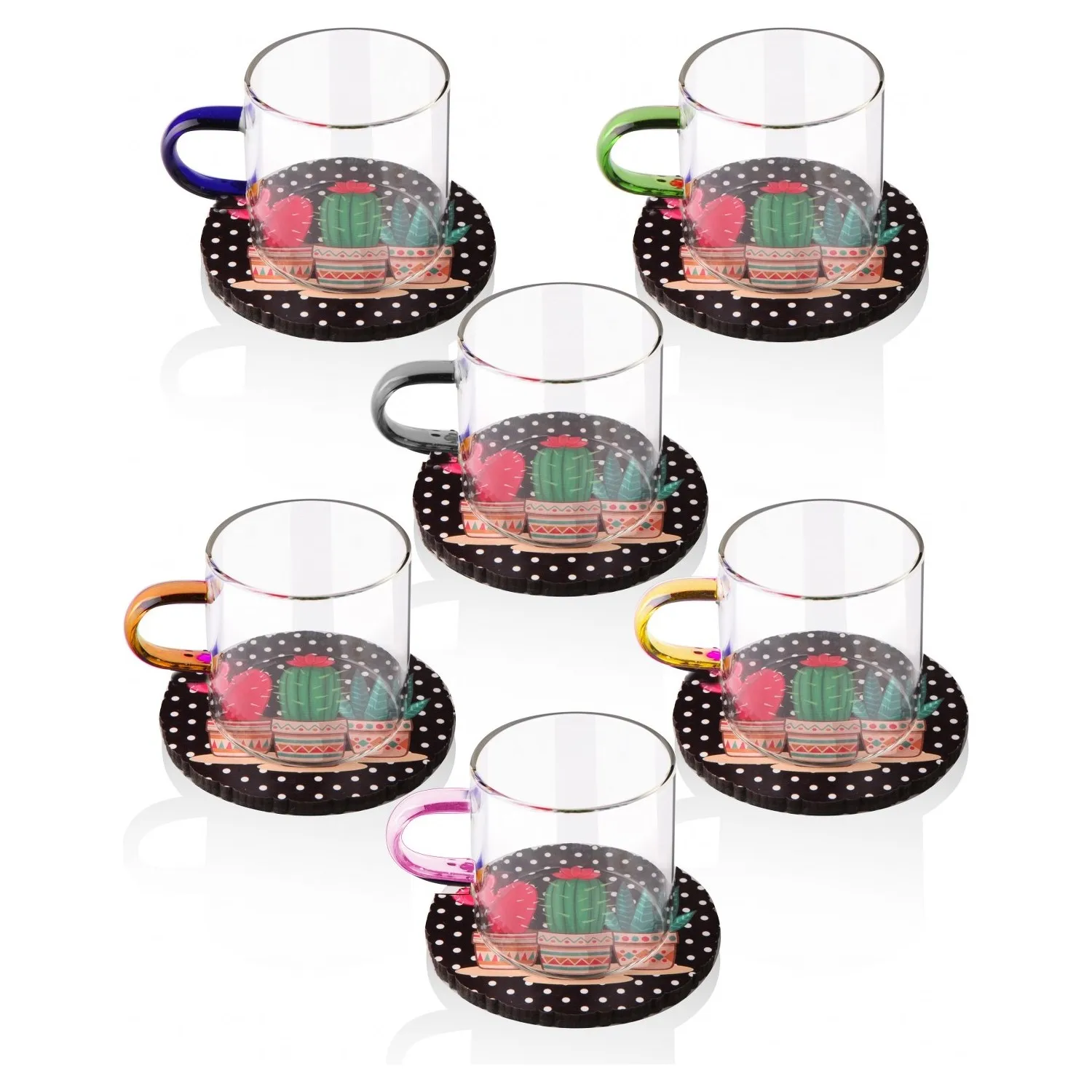 WONDERFUL Kitchen 6 Pieces Fireproof Glass Cup and 6 Pieces Cactus