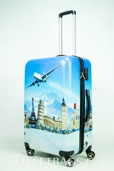 

Suitcase large PC print airplane against blue sky background