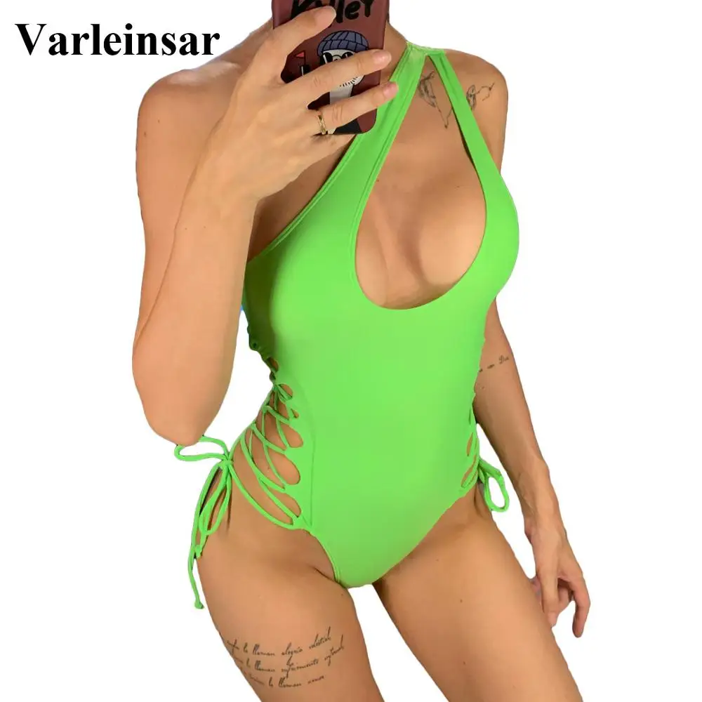 Сексуальный цельный купальник на одно плечо со шнуровкой, женская одежда для плавания, женский купальный костюм, одежда для плавания V1408