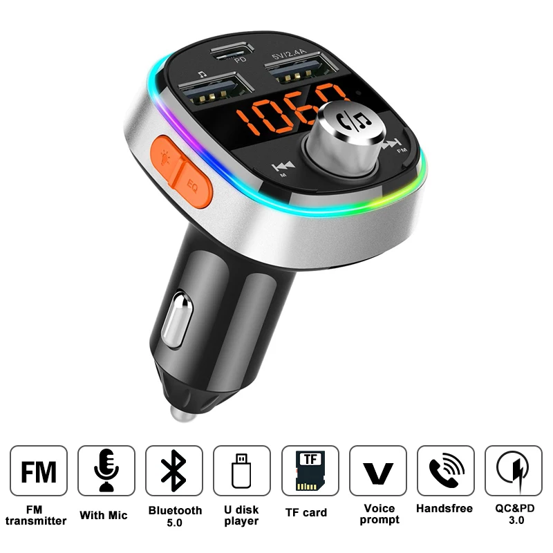 

Creative Colorful Car FM Transmitters Bluetooth 5.0 Car MP3 Player Audio Receiver Wireless Handsfree QC/PD 3.0 Fast Charger 2019