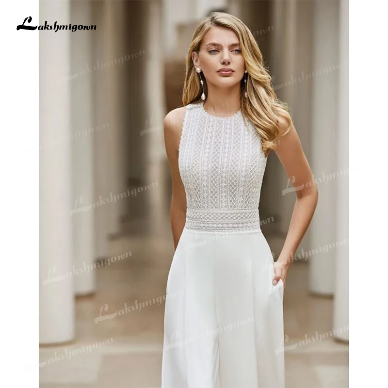 White Wedding Jumpsuit Beach Dresses O Neck Floor Length Boho Bridal Gowns Outfit Customize Lace Robe De Soiree 2022 second hand wedding dresses