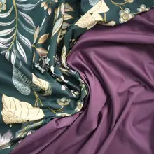 Ткань сатин люкс "Флорес" для постельного белья, темно зеленый, лиловый, фиолетовый, хлопок, конструкция 60x60, ширина 250