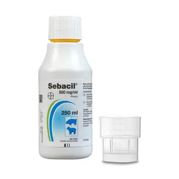 

Bayer Sebacil ® %50 250 ml Contains 500 mg Foxime Scabies Sarcoptes Psoroptes Chorioptes Mites Tick, Lice, Fly