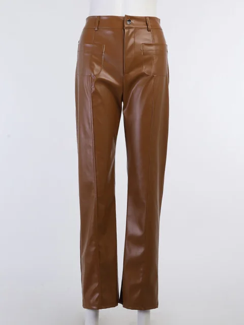 InstaHot Women Faux Leather Pant Pockets Straight Pant Trousers Autumn Elegant High Waist Office Lady Slim Vintage Leisure Pants 6
