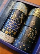 Juego de 10 unidades de cinta Washi negra y dorada, cinta adhesiva Vintage con diseño de galaxia, cinta adhesiva decorativa, pegatina para álbumes de recortes, papelería y diarios