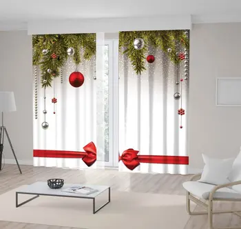 

Curtain Christmas Background with green Fir Twigs and Red Balls Ornaments White Snowflakes Merry Christmas Theme