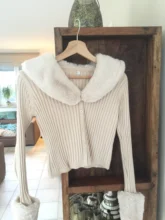 Jerséis cárdigans de punto acanalados con cuello recortado de piel, jerséis de manga larga ajustados para otoño e invierno, jerséis de punto para mujer ASSW82015