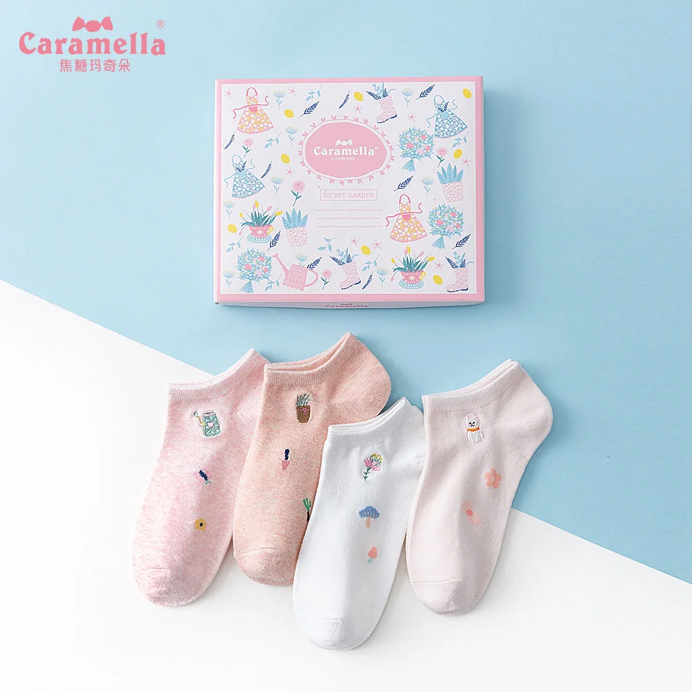 515964B Caramella 4 пар/лот Для женщин уютные носки до лодыжки с модные забавные носки для девочек с принтом мультяшных животных для девочек короткие носки женские превосходный набор в подарочной коробке - Цвет: 515964B