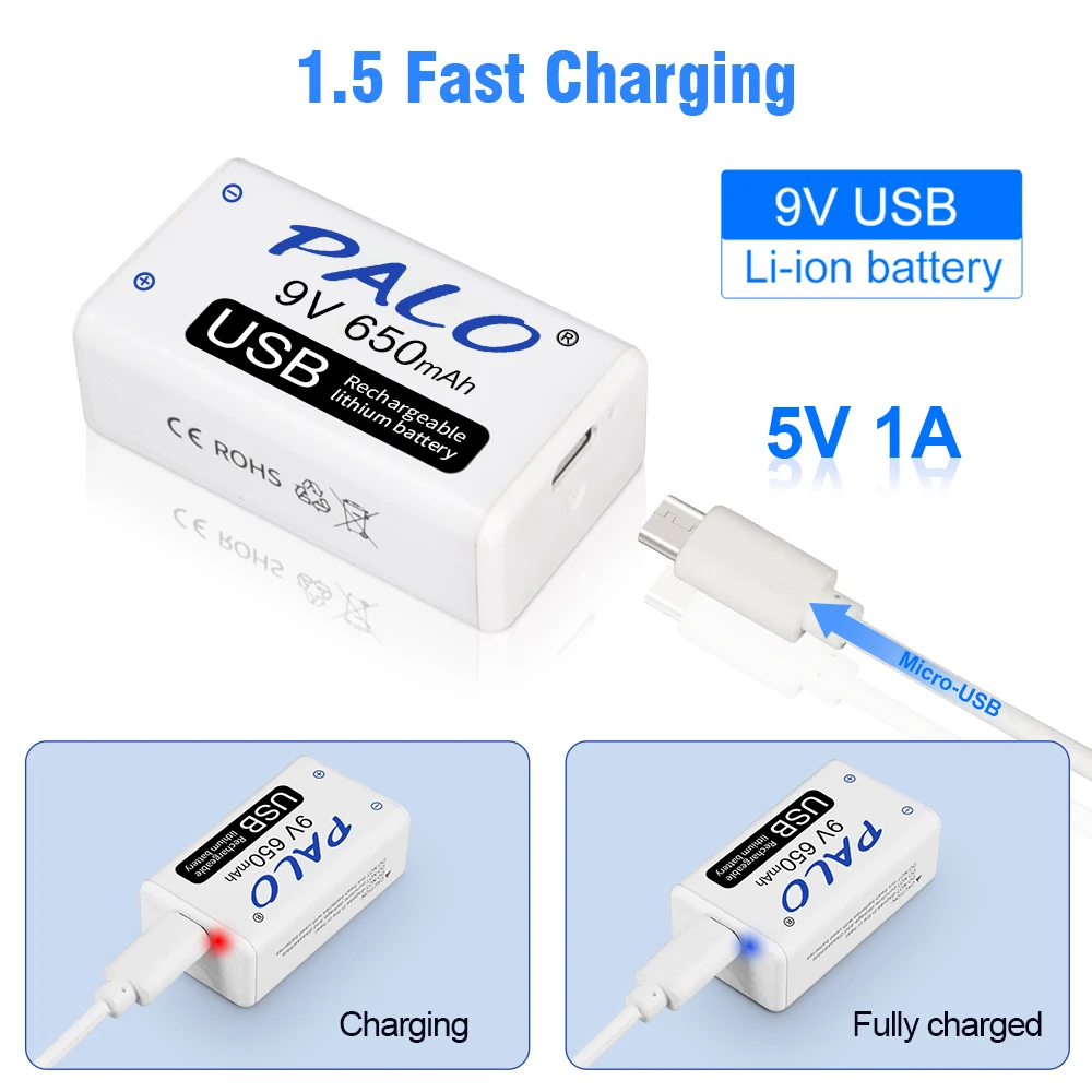 Palo-bateria Recarregável Micro Usb 9v Li-ion Baterias de Lítio para Multímetro Microfone Brinquedo Controle Remoto Ktv 650mah 6f22 - Image 6