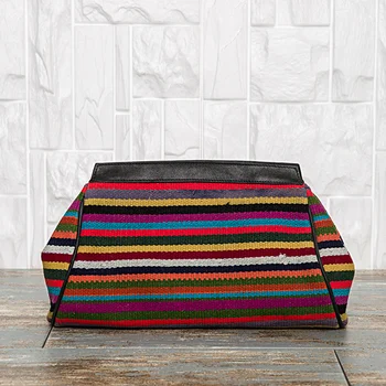 

High Demand Custom Design Kilim Stripes Embellished Colorful Embroidery Linen Canvas Foldble Versatile Clutch Tote Large Handbag