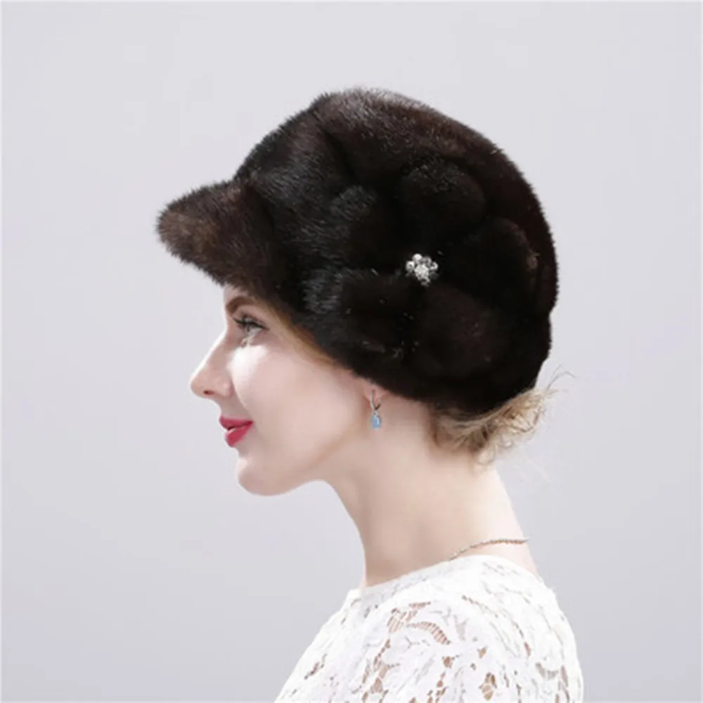 

Mink fur Big Flower Hat Fur Winter Warm duck tongue hat whole skin mink hair with diamond hat for women