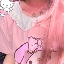 Camiseta japonesa de manga corta con estampado de dibujos animados para mujer, blusa rosa con cuello de muñeca, playera holgada suave para chica