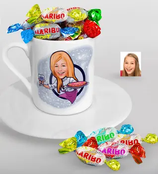 

Personalized Female Waiter Caricature Of Turkish Coffee cup And Haribo Candy Gift Seti-1