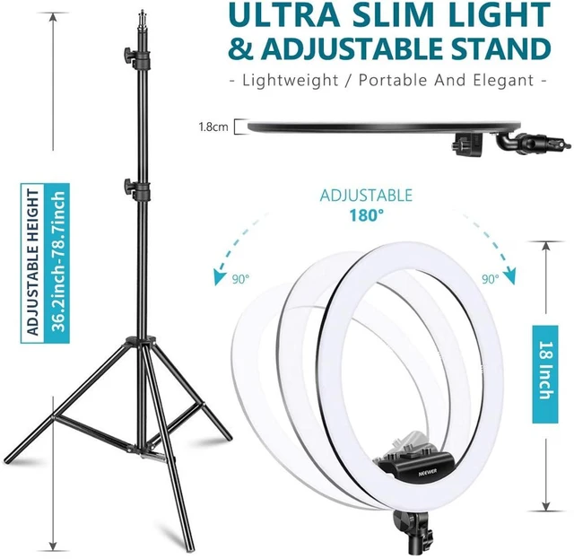 Neewer Ring Light Kit [Upgraded Version-1.8cm Ultra Slim] - 18 inches,  3200-5600K, Dimmable LED Ring Light with Light Stand, Rotatable Phone  Holder