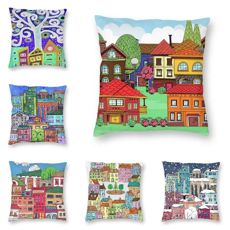 

Мультяшное дерево каракули городской современный чехол для подушки украшение для гостиной ручной росписи граффити архитектура города диванные наволочки