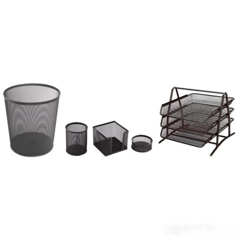 

3A Metal Office Set 5 Black Document Rack 3 Pieces, Trash Can, Pen Holder, cube Note Holder, Clip Holder Free Fast Shipping