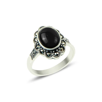 

Silver 925 Sterling Marcasite & Onyx Gemstone Ring
