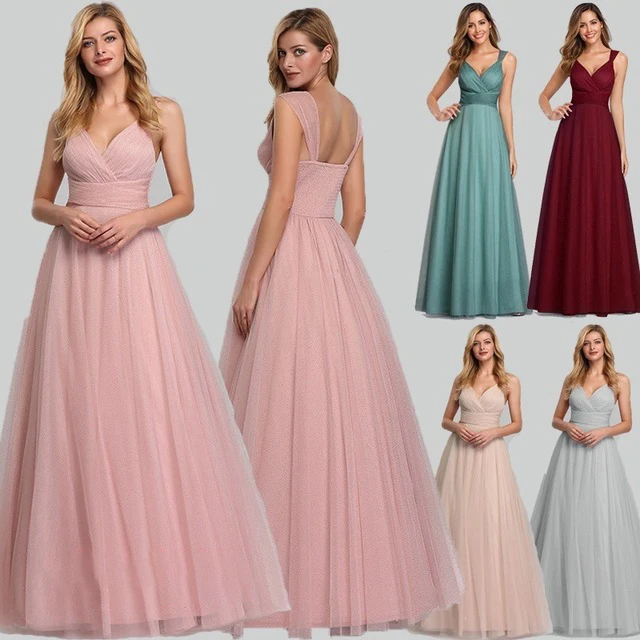 Sweet Bridesmaid Dresses Long Dress Plus Size A Line Straps V Neck Floor Length Sleeveless Tulle Sparkle For special Occasion | Свадьбы и