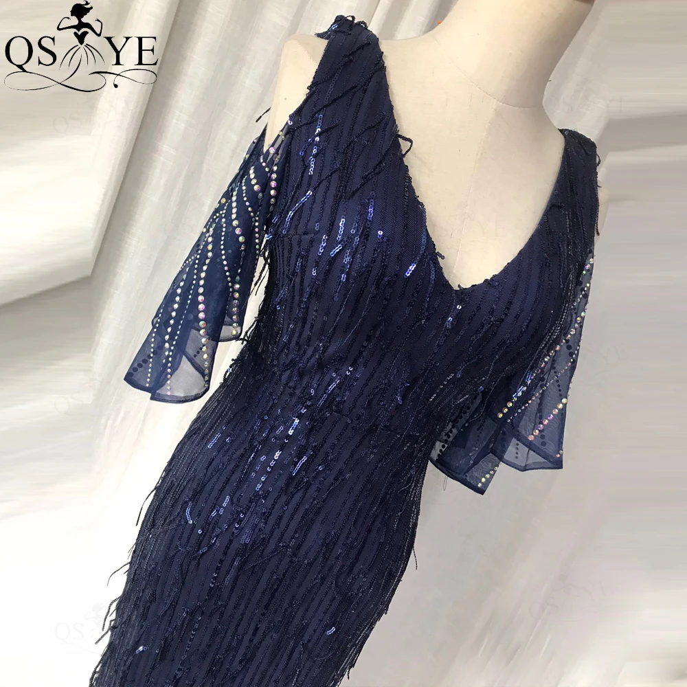 Navy Feather Evening Dress Sequin Mermaid Party Gown Flatter Side Sleeves Stretch Formal Dress V Neck Dark Blue Prom Gown 2022 hot pink prom dress