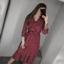 Autumn Winter Dot Bandage Dress Women Casual Ruffles V Neck High Waist Slim Print Long