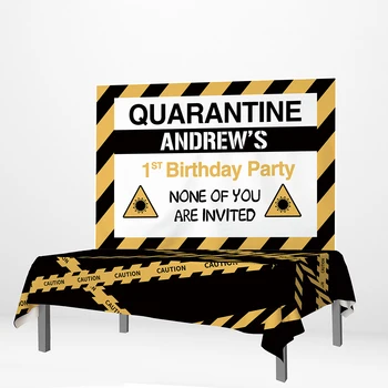 

Allenjoy Quarantine Banner Photozone Birthday keep Away Black and Yellow Tablecloth on Table Kid Event Supplies Decor Backdrop