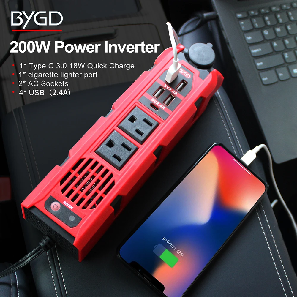 400W Power Inverter DC 12V to 110V AC Car Charger Converter with 4.8A Dual  USB Ports and 2 AC Outlets Car Adapter (Black)