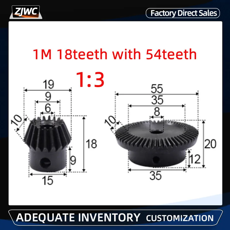 2pcs 13 Bevel Gear 1 Modulus 18Teeth + 54teeth 90 Degree Drive
