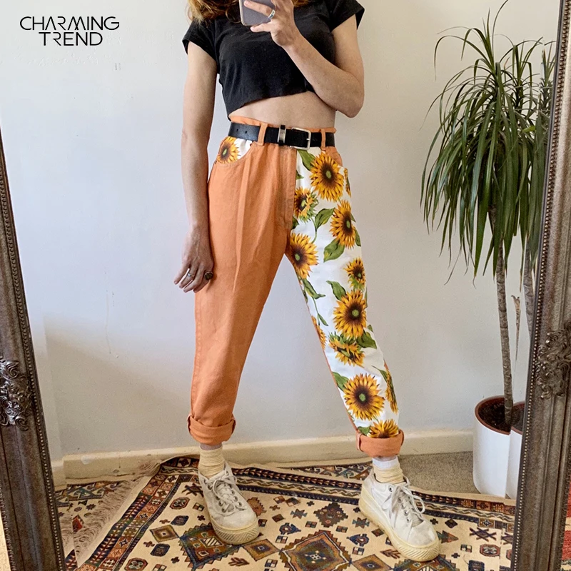 Jeans Woman Vintage High Waist Pants Fit Young Girls Cute Sunflower Stitching Pattern Autumn Winter Trousers Female Orange 56 pieces girl hair clips cute animals pattern hair accessories flower pattern hair clip rainbow hairpin for girl