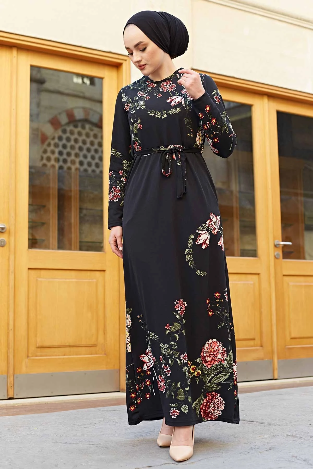 Vestido de noche Hijab con cinturón y detalle de volantes, vestido