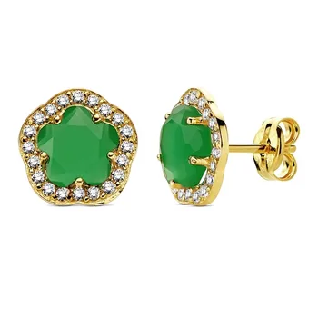 

18k gold earrings flower green stone zirconia 9mm. [AB3317]