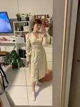 A-Line Dress V-Neck Spring Bishop-Sleeve Satin Simplee Chic Elegant Vintage High-Waist