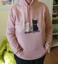Sudadera con capucha de manga larga para Mujer, ropa de calle con capucha Harajuku, Sudadera con estampado de gato, otoño