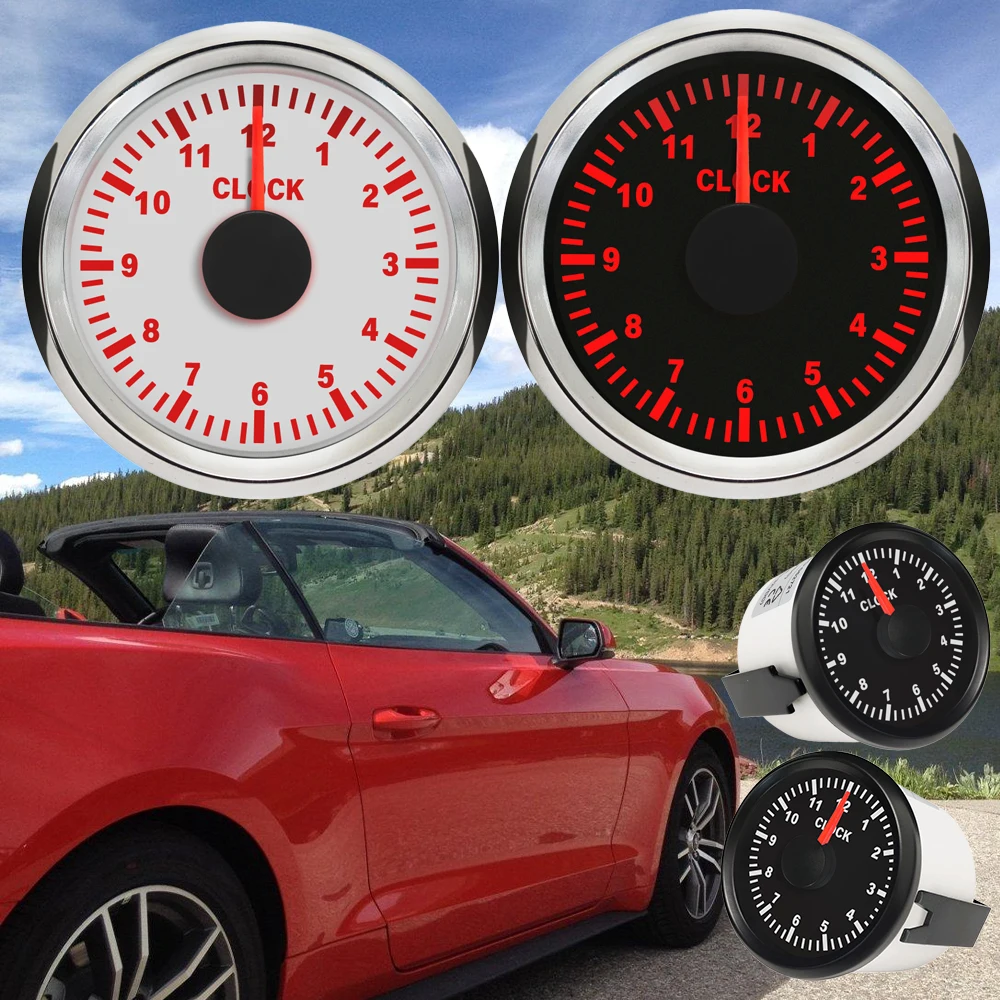 

RHAXEL 52mm Clock Meter Gauge 12 Hour Format with Red Backlight 12V/24V Car Boat